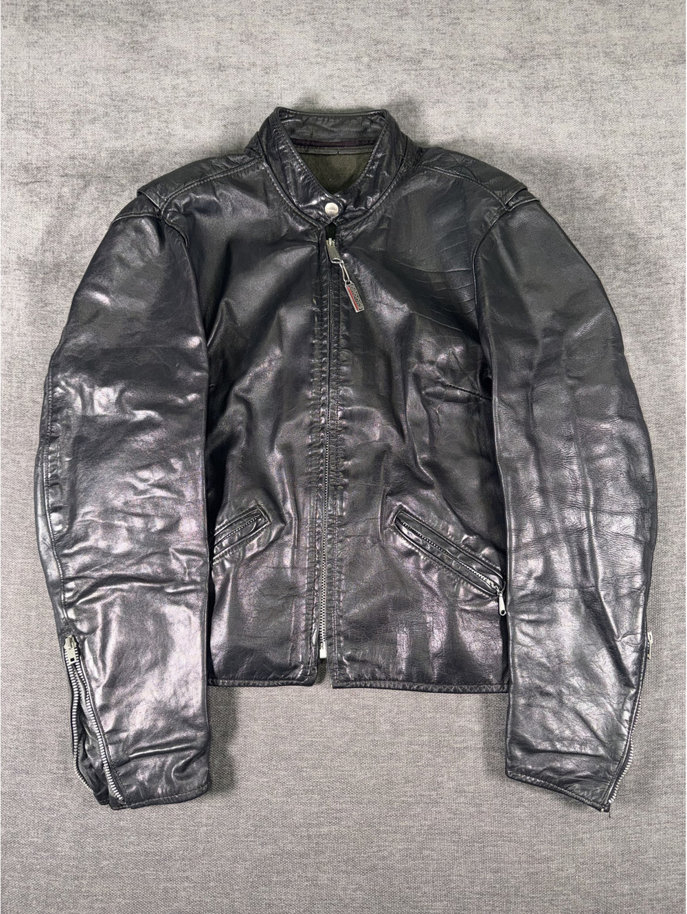 Brooks Black Leather Bomber Jacket with Zipper Pockets